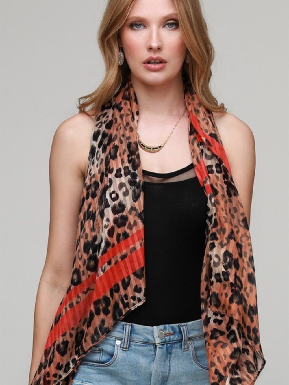 Leopard Print Scarf w/ Red Accent - Picture 2 of 7